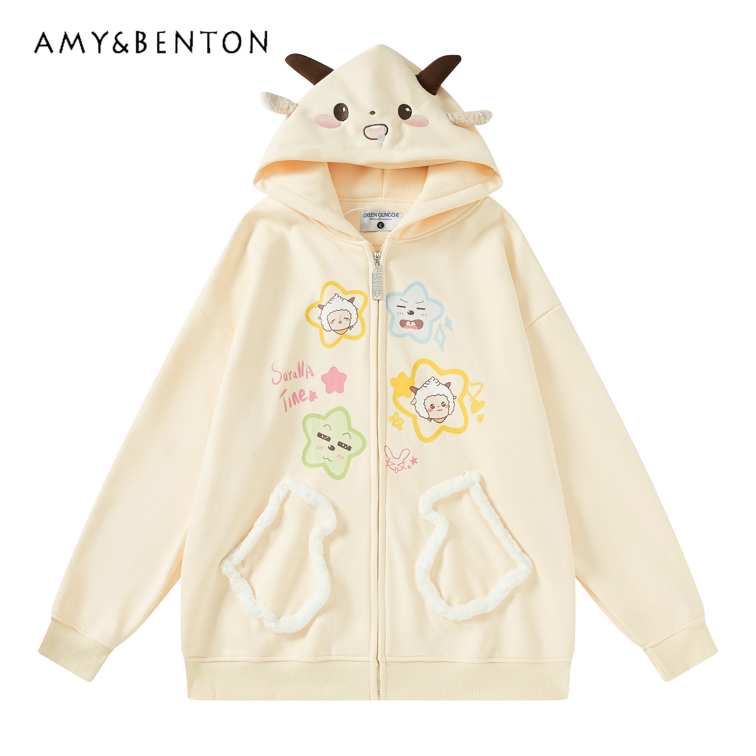 

Preppy Style Sweet Girl Cute Cartoon Printed Ears Hooded Sweater Autumn Oversized Loose Casual Zip Up Hoodie Kawaii Sweatshirt