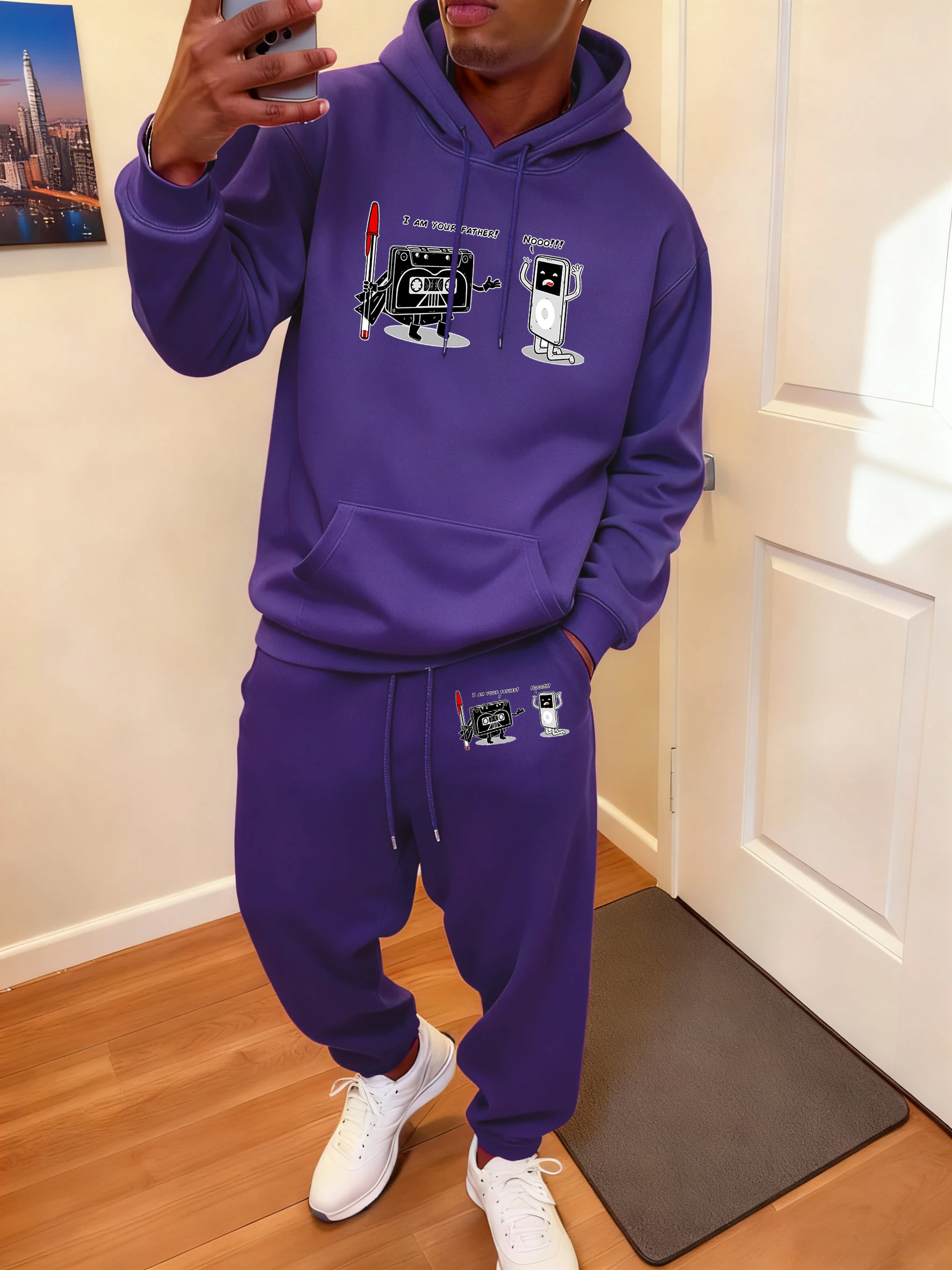 

Cartoon Cassette Tape And Ipod Pattern Winter Hoody 2Pc Sets Sport Warm Pullover Casual Fleece Sweatpants Street Comfy Clothes