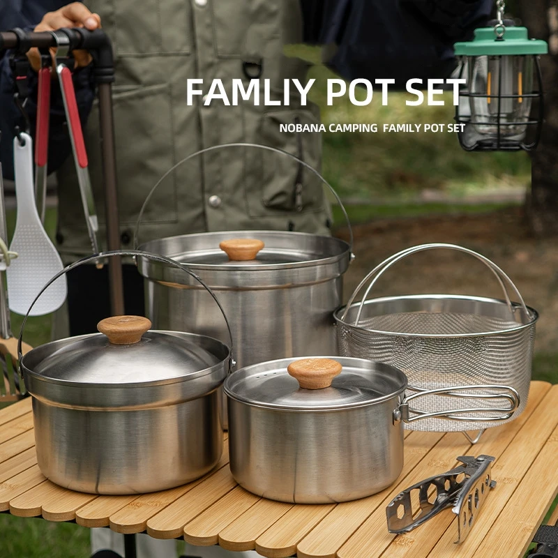 

Outdoor Stainless Steel Pot Set Camping Family Pot Set Portable Picnic Soup Pot Frying Steaming Household Pots for BBQ Hiking