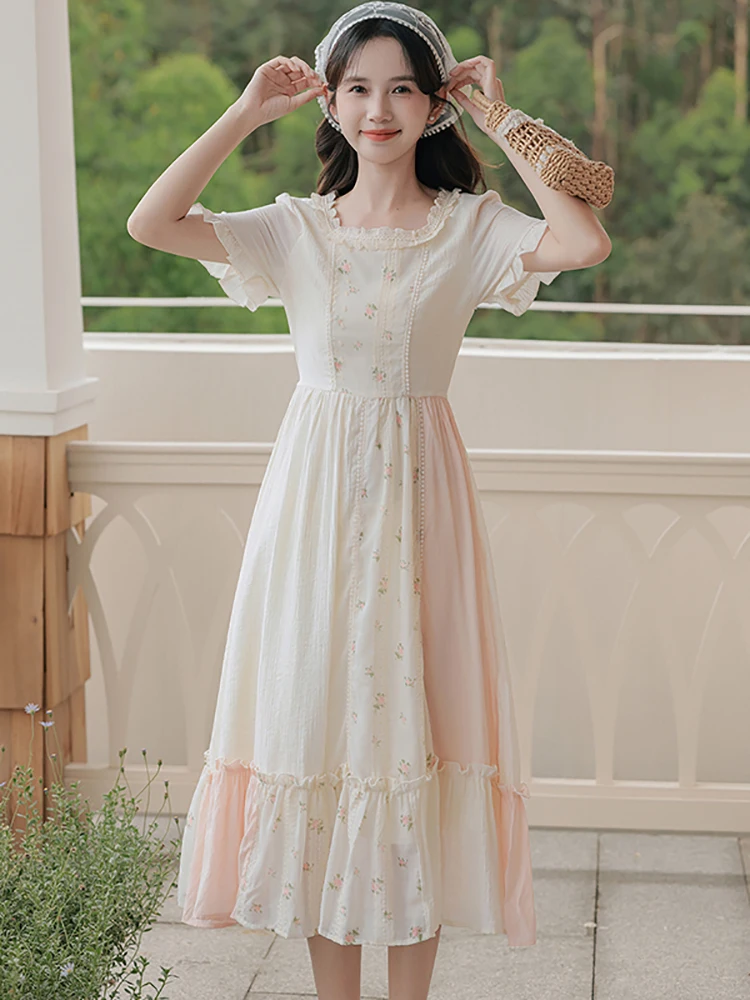 

Women Embrodiery Floral Patchwork Ruffled Long Dress Summer Puff Sleeve Lace Square Collar Dress 2025 Elegant Lolita Style Dress