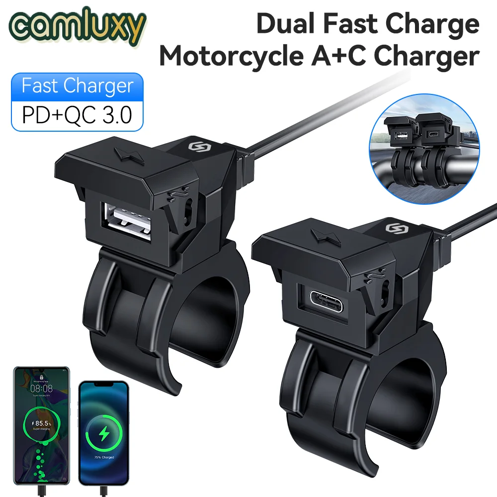 

Camluxy QC3.0 Motorcycle Fast Charger 2 in 1 USB Type C Adaptors Waterproof Handlebar Mounting Bracket Charger On-Board Socket