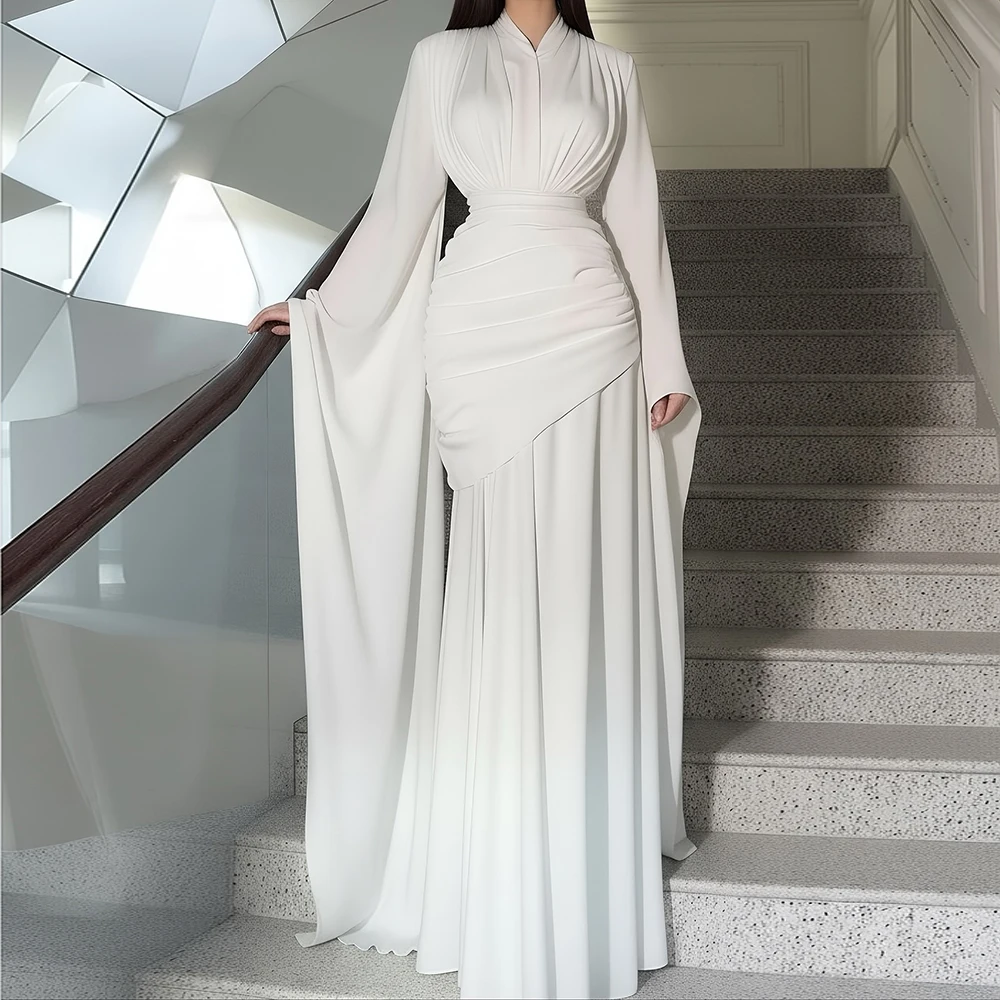 Personalizado a linha vestidos de noite até o chão gola alta manga cheia vestido de baile simples moda plissado drapeado vestido de festa casual