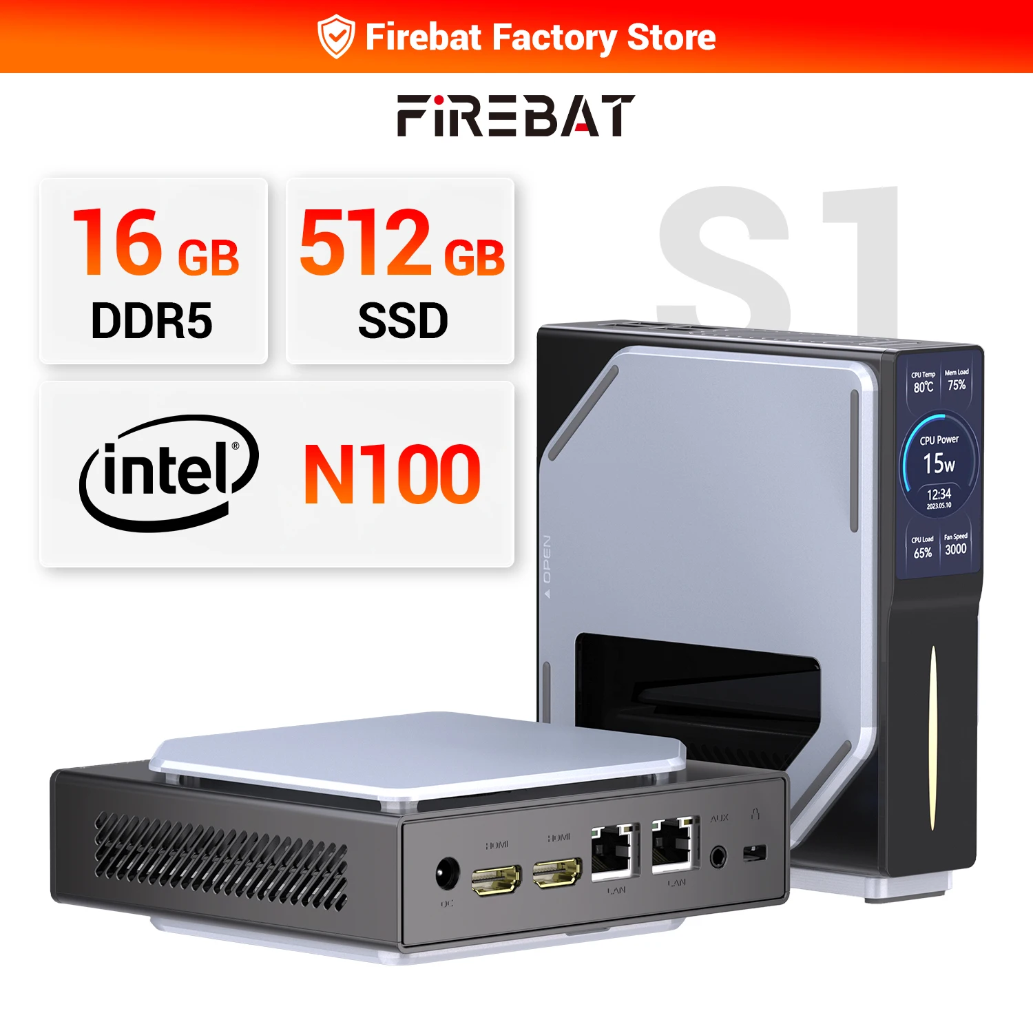 FIREBAT S1 Intel N100 Mini PC Layar Kedua Windows HDMI BT4.2 LAN*2 DDR4 16GB 512GB SSD Dual SSD Desktop