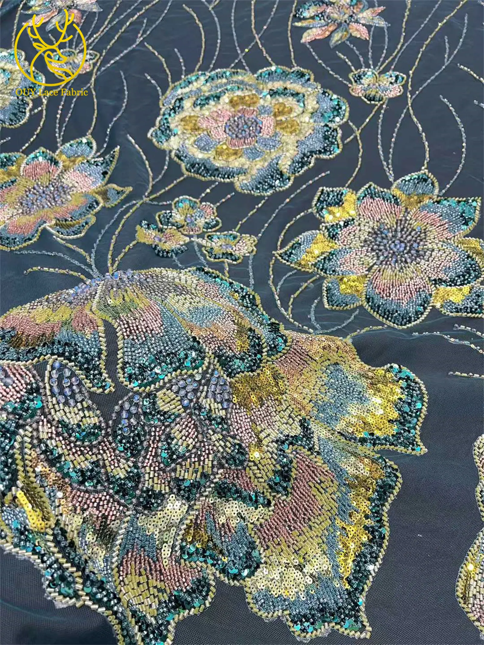 Neuer Afrikanischer Perlenstickerei-Spitzenstoff 2026 Französische Pailletten Große Blumen-Spitze Nigerianischer Stickerei-Netzspitzenstoff für Brautkleider – Detail 10