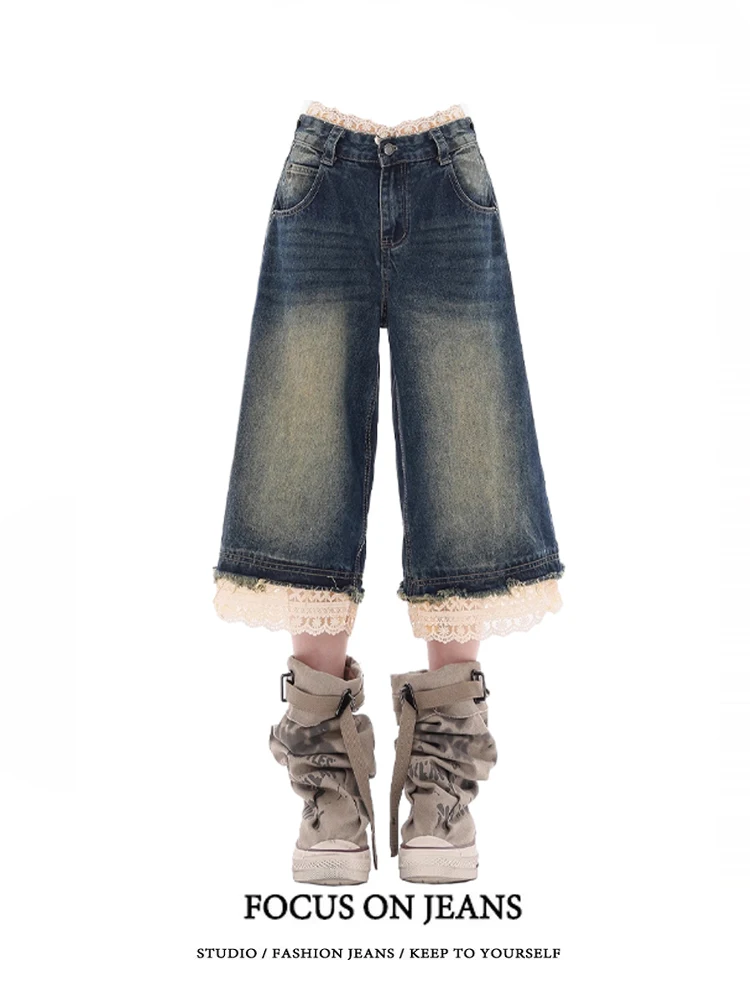 

Women's Y2k Baggy Knee Length Jeans Harajuku Blue Denim Trouser Japanese 2000s Style Oversize Jean Shorts Pants Vintage Clothes