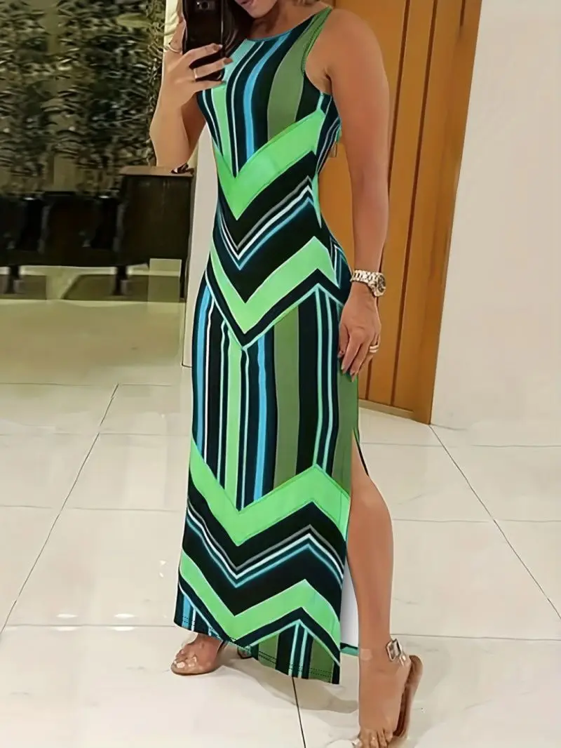 Elegantes ärmelloses langes Kleid mit Rundhalsausschnitt und Schlitz, schmale Passform, elastische Taille für Damen, Party- und Urlaubskleidung