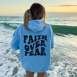 FAITH OVER FEAR Women Plush Sweatshirt Solid Color Letter Print Kangaroo Pocket Drawstring Print Hoodie