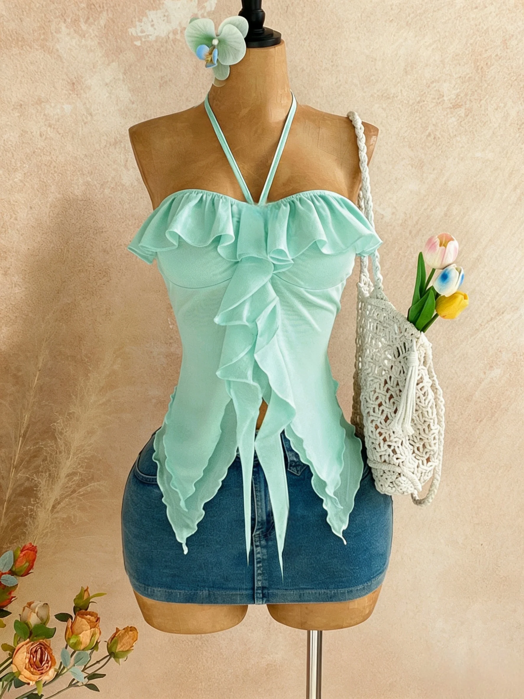 Women Ruffle Halter Cami Top Off Shoulder Front Split Tie Slim Irregular Tank Top