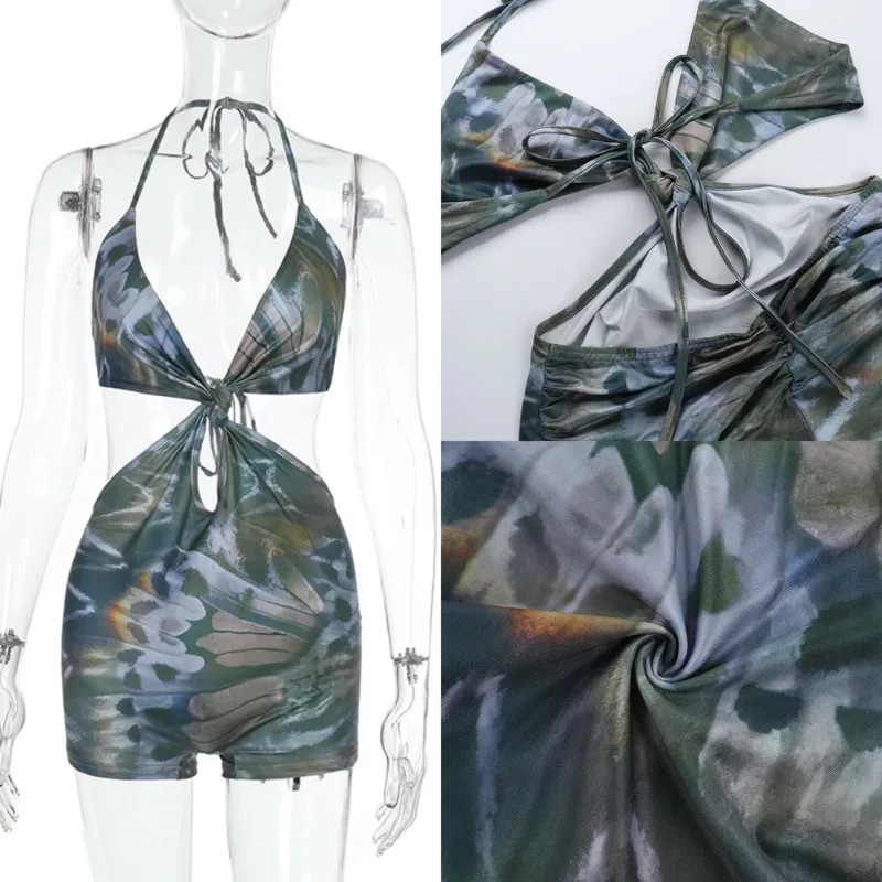 Sexy Hollowed Out Backless Printed Jumpsuit Swimsuit Backless Hollowed Out Suspender Hanging Neck Vacation Women Summer Dresses
