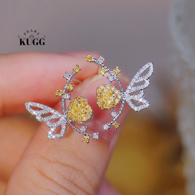 KUGG 100% 18K White Gold Earrings Gentle Style Real Natural Yellow Diamond Stud Earrings for Women High Engagement Jewelry