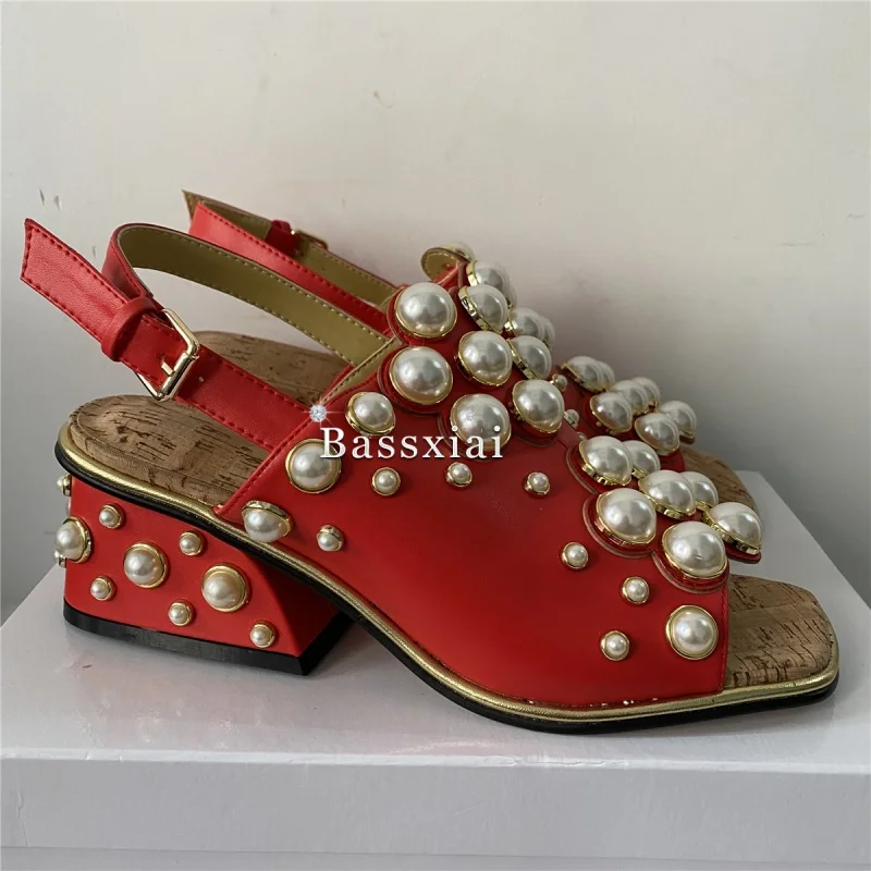 Luxury Beads Pearl Embellishment Sandals Women Genuine Leather Unique Fretwork Heel Party Shoes Summer
