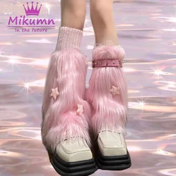 Harajuku Pink Furry Leg Warmer Socks Y2k Punk Cute Star Rivet Buckle Chic Leg Sock Women Girls Winter Warm Boot Cover Streetwear