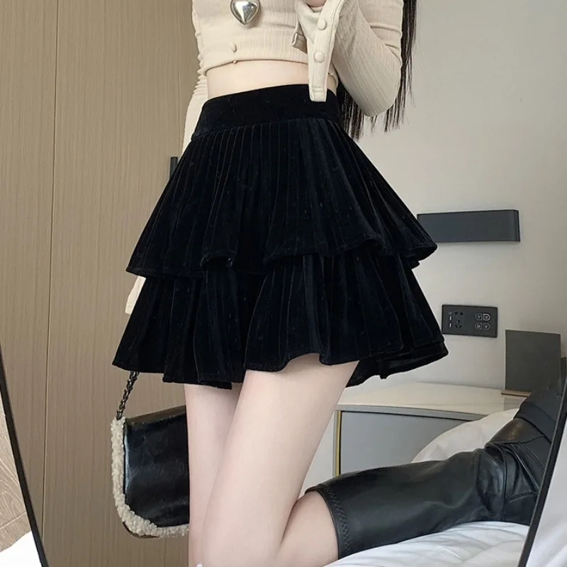 

Pleuche Mini Black Skirts Women Ball Gown Empire Sweet Cute All-match Autumn Winter Chic Female Streetwear Girls A-line Elegant