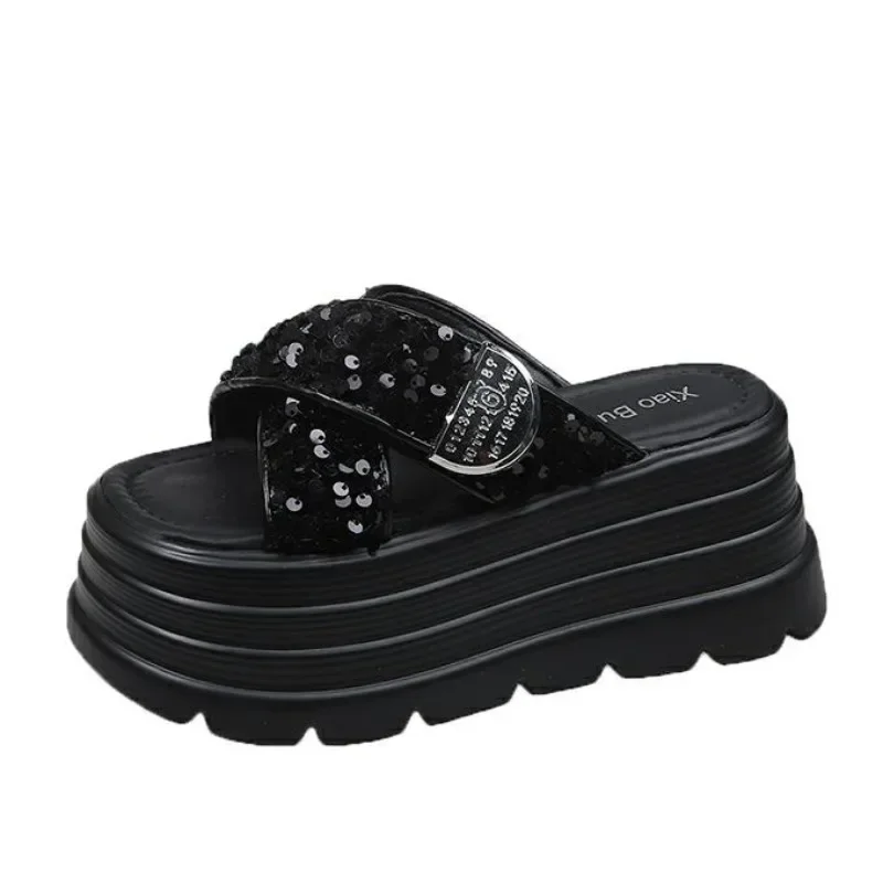 

8CM High Platform Slippers Women Summer Bling Fashion 2025 New Increase Heels Sandals Casual Muffin Flip-flops Heels Beach Shoes