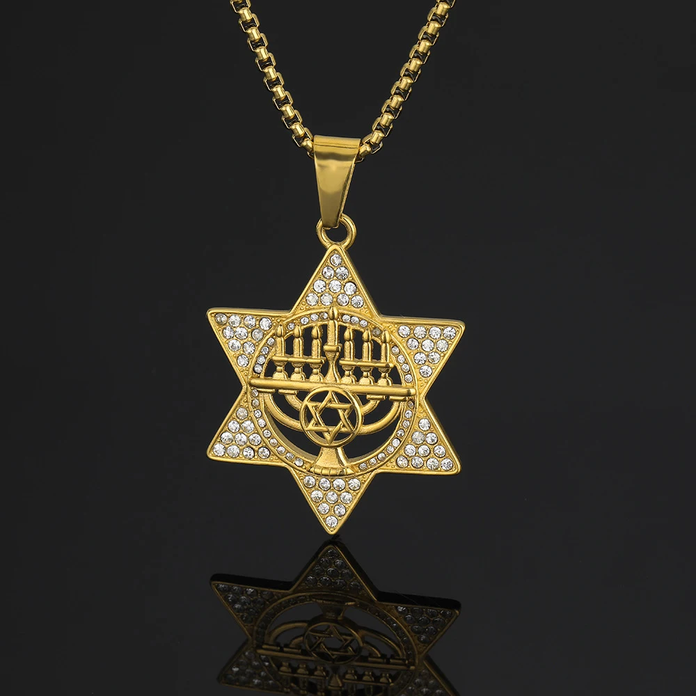 Religious Candlestick Star of David Hexagram Pendant Gold Color Stainless Steel Zirconia Necklace for Women Men Jewish Jewelry