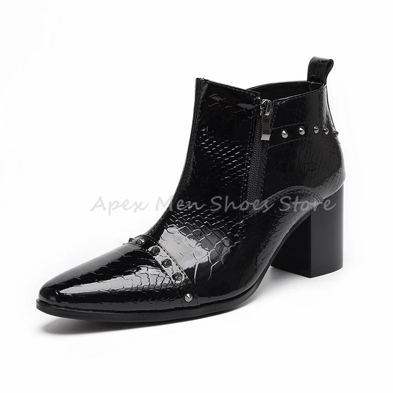 الرجال الأبيض صندل بكعب مكتنز حذاء من الجلد ثعبان نمط الجلود أشار تو سستة تشيلسي الأحذية الغربية ترصيع فستان رسمي الأحذية