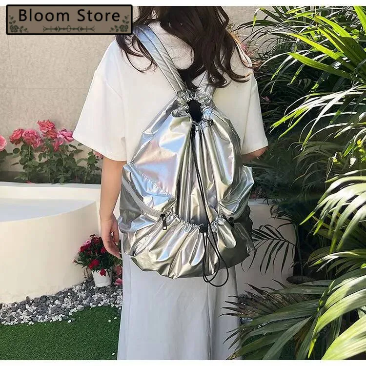

Bloom Sier Backpack Women Haruku Drawstring Pu Leather Large Capacity Backpacks Schoolbag Student Retro Y2k Mochila