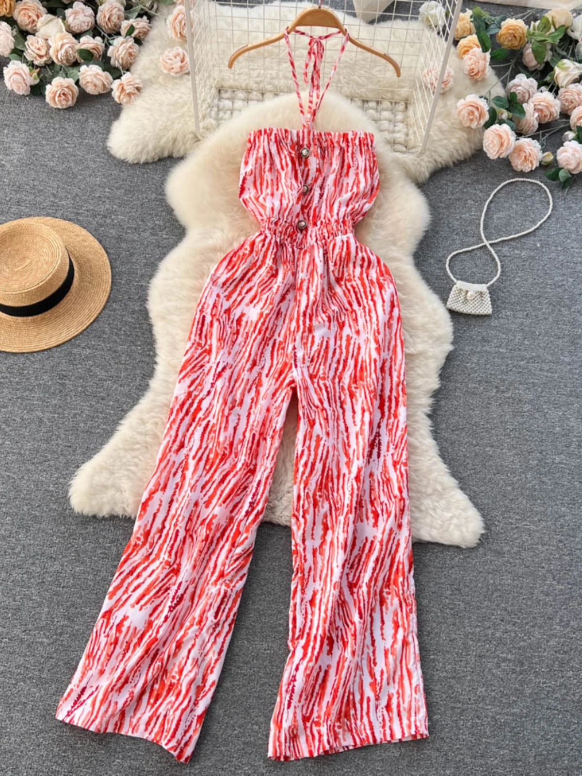 Spring Summer New Sle Tie Dye ter Ne Wide Leg Jumpsuit Travel Faion Chiffon Dra Long Pants Women's Online Exclusive