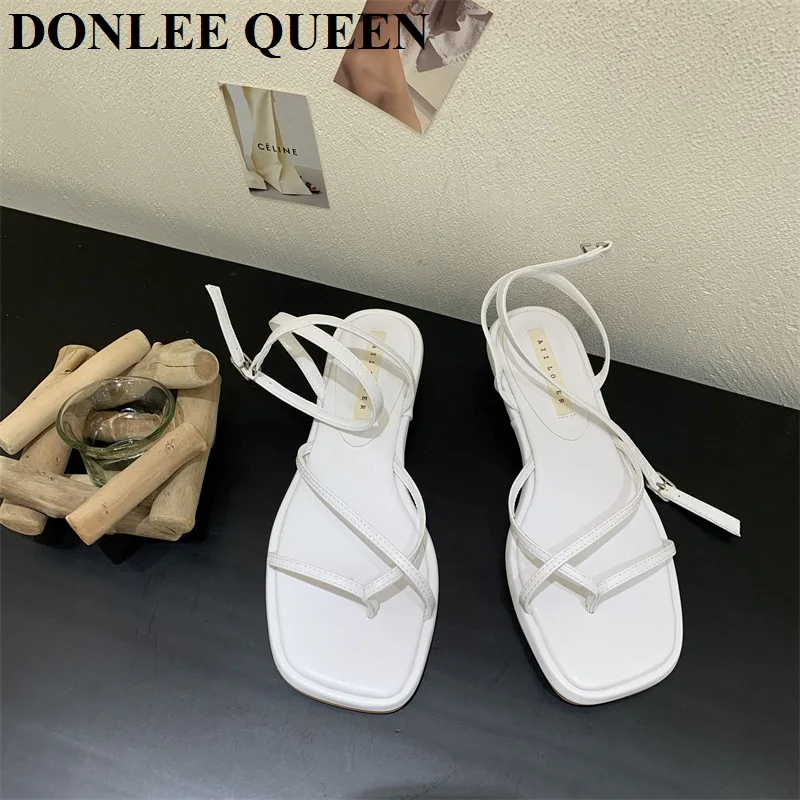 2023 New Summer Women Sandals Fashion Square Toe Flat Heel Ankle Strap Shoes Narrow Band Casual Slides Green Sliver Female Mujer