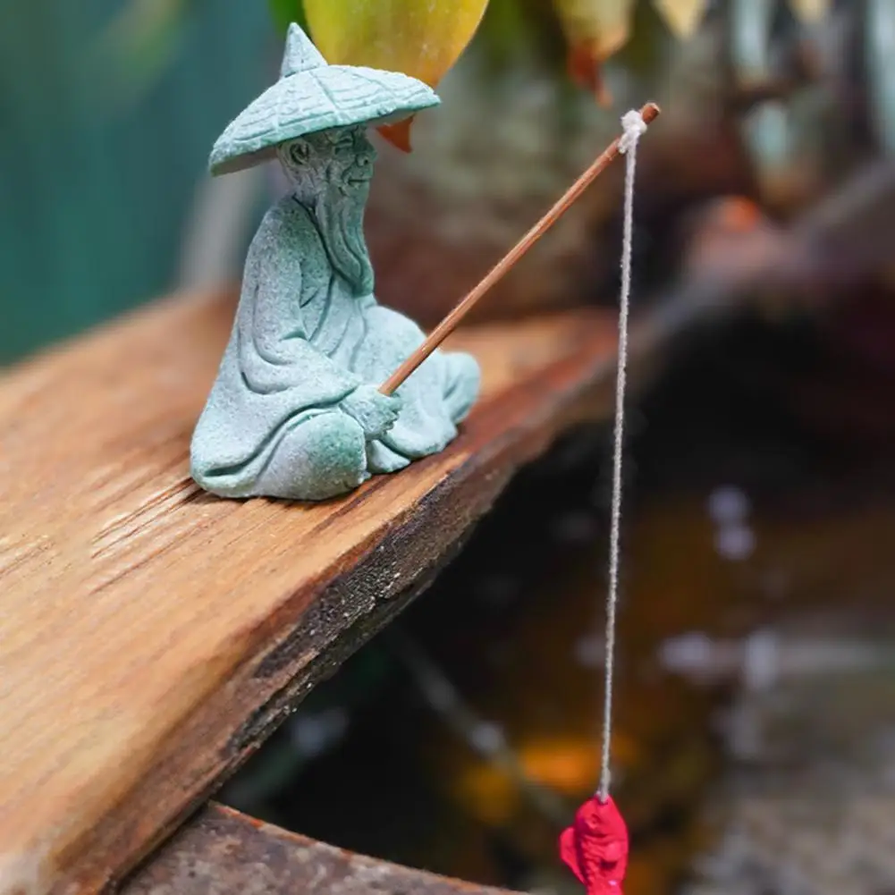 Aquarium Sitting Fishing Figurine Sandstone Vintage Fish Tank Ornament Mini Fisherman Statue Asian Zen Home Decoration