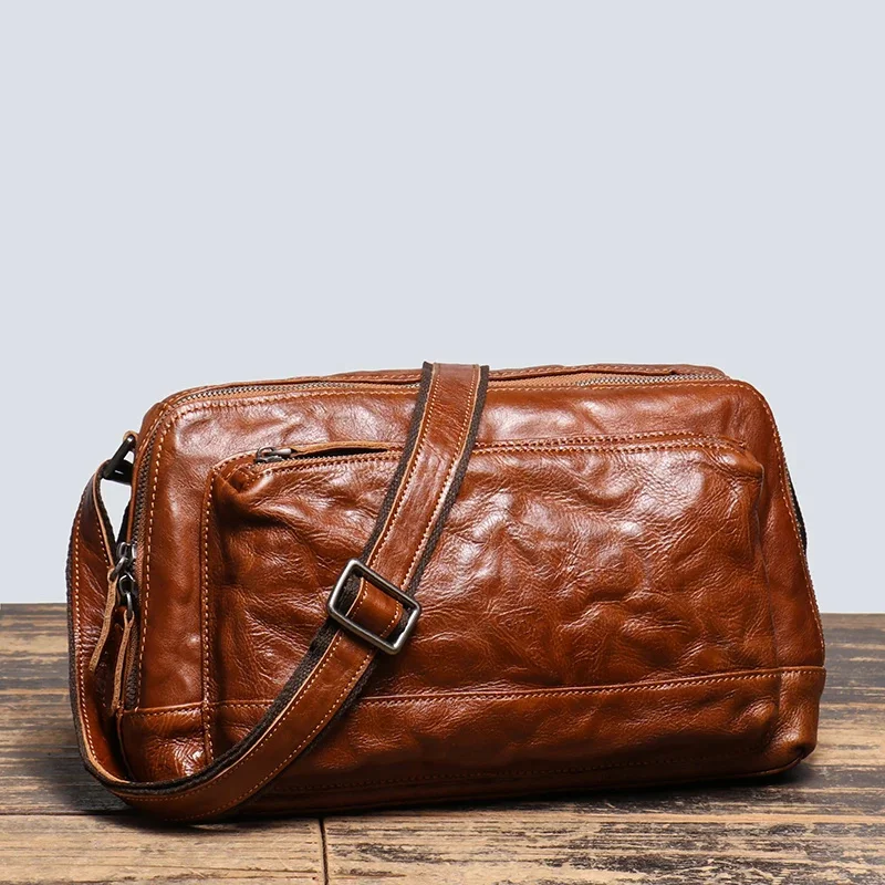 

New Men's Genuine Leather Messenger Bag Natural Cowhide Horizontal Shoulder s Retro Fashion Satchel 9.7-inch iPad