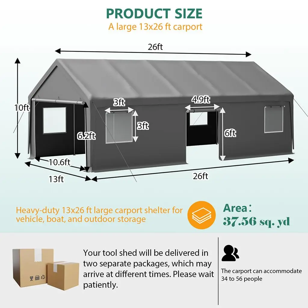 13x26 FT Heavy Duty Carport Canopy, Portable Garage Shelter with Dual Roll-Up Doors, Side Door, Removable Sidewalls, Customized