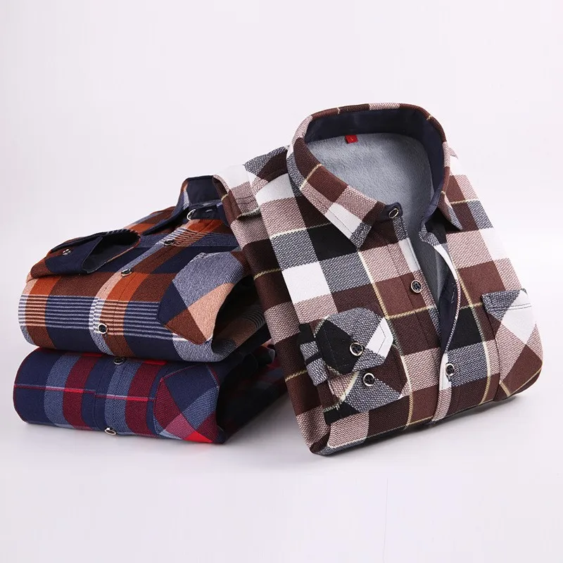 Autumn/Winter New Men\'s Fashion Long Sleeve Plaid Shirt Fleece and Thick Warm Men\'s Casual High Quality Large Size Shirt NS4574