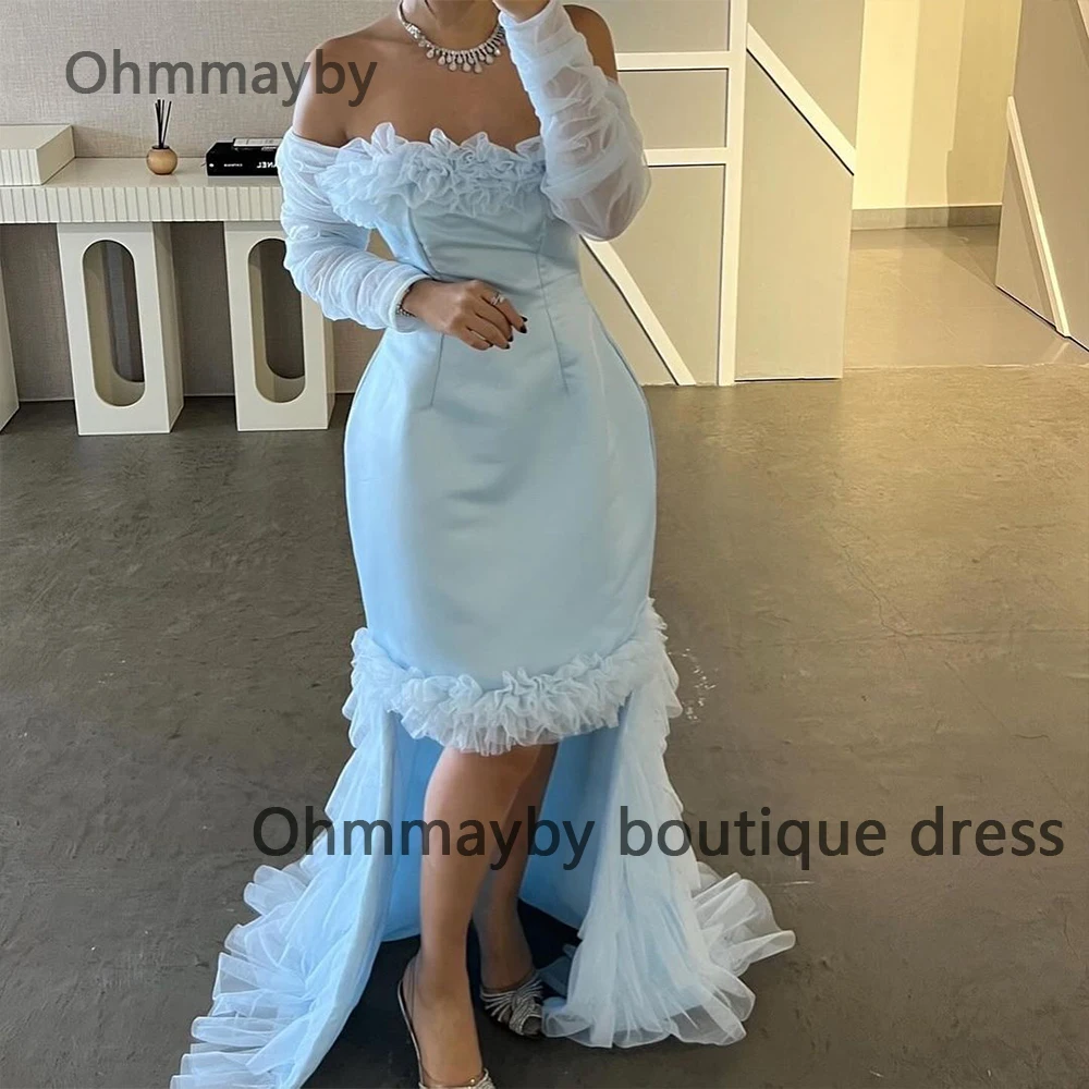 

Sky Blue Mermaid Evening Dresses Off Shoulder Arabian Dubai Prom Party Dress High Low Long Formal Occasion Gowns 2024