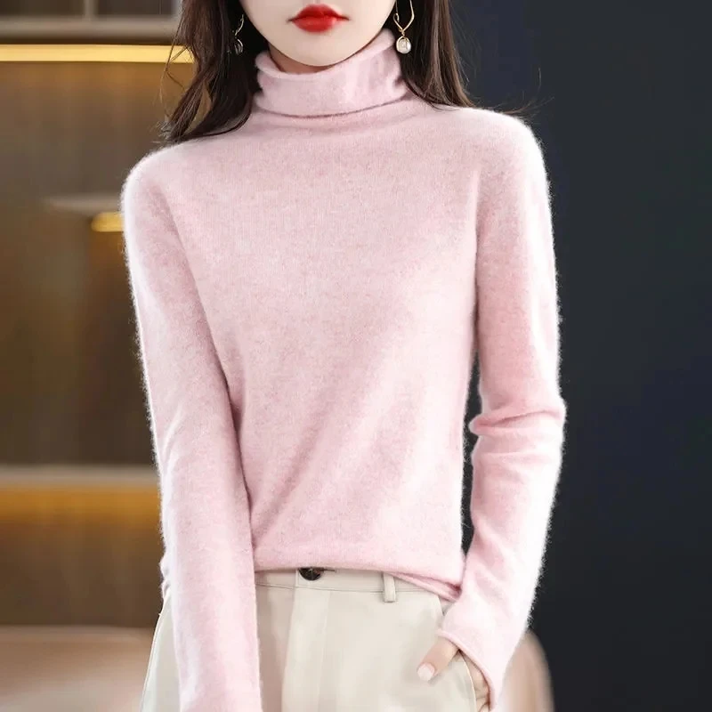 

100% Pure Merino Wool Cashmere Sweater Women's Turtleneck Pullover Casual Knit Top Autumn Winter Jacket Long Sleeve Jumper Top