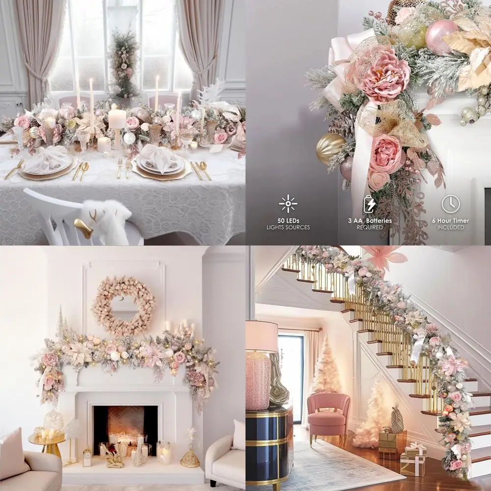 

6ft/72in Rose Gold LED Christmas Garland with 50 Lights, Battery-Powered Indoor/Outdoor Holiday Decor