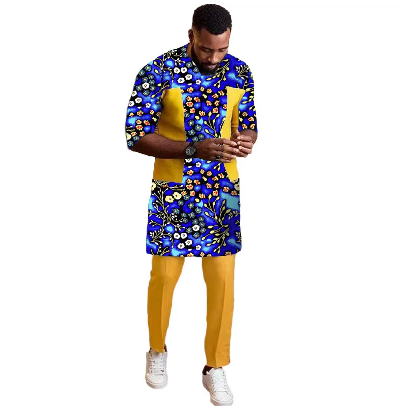 

Original Design African Print Men’s Set Half Sleeves Yellow Set Shirts Patch Elastic Waist Pants Tailored Party Outfit