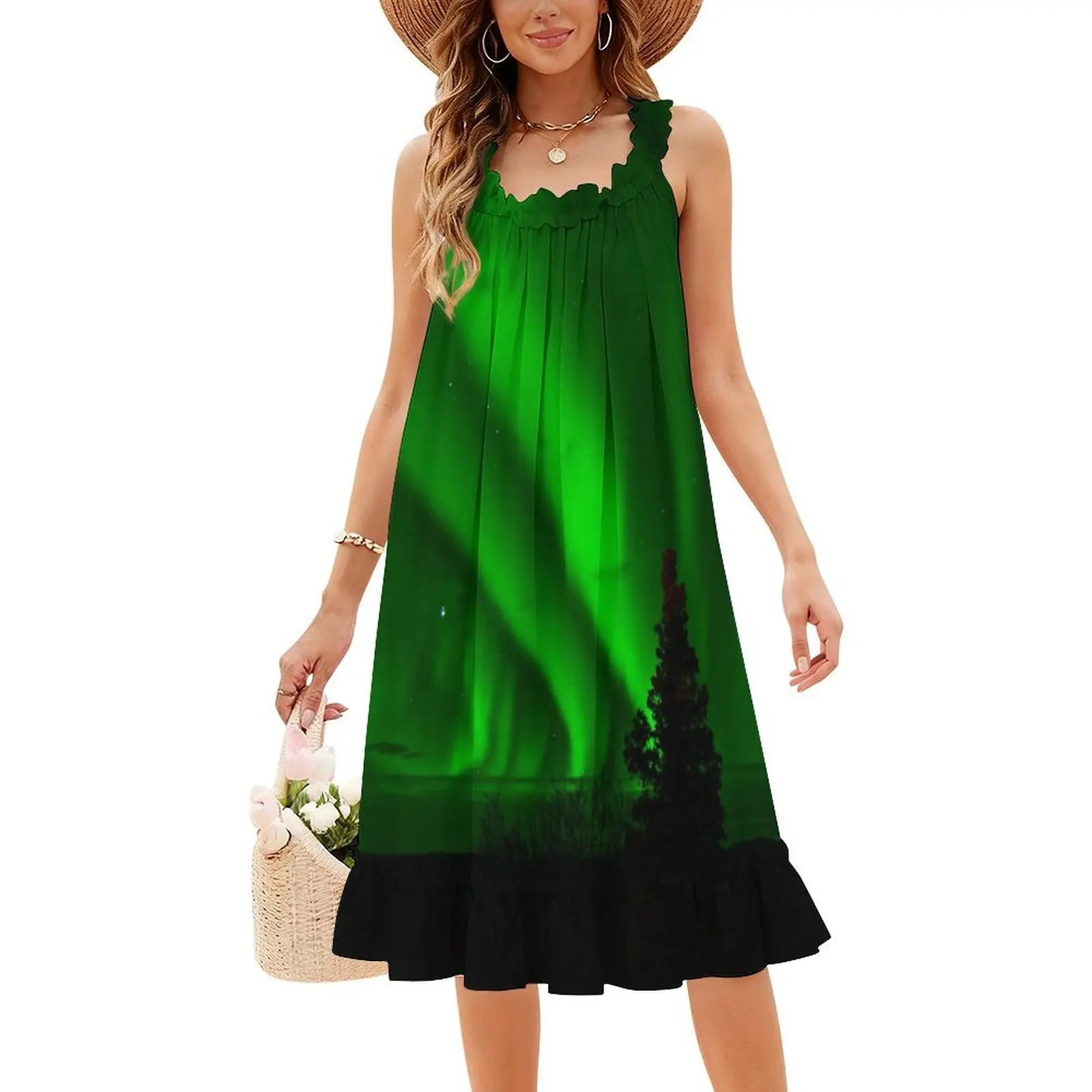 فستان أورورا بورياليس المثير للإجازات للنساء على الشاطئ وحفلات أعياد الميلاد فستان قصير أورورا بورياليس سكاي داون ملابس نسائية