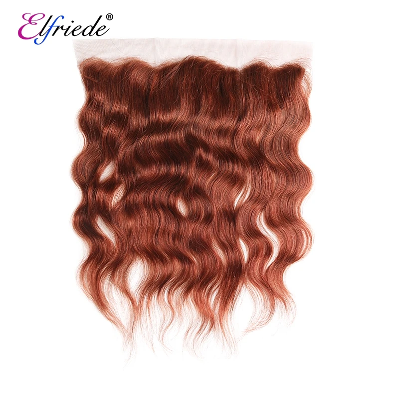 Elfriede #33 Dark Auburn Colored Natural Wave Hair Bundles with Frontal Human Hair Sew-in Wefts 3 Bundles with Lace Frontal 13x4