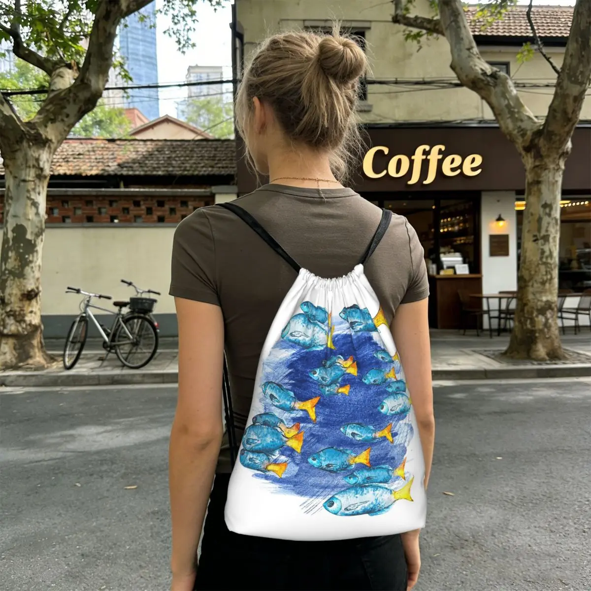 Blue School Of Fish Cartoon Backpacks Casual Drawstring Bags Sundries Bag Book Bags for Travel Students