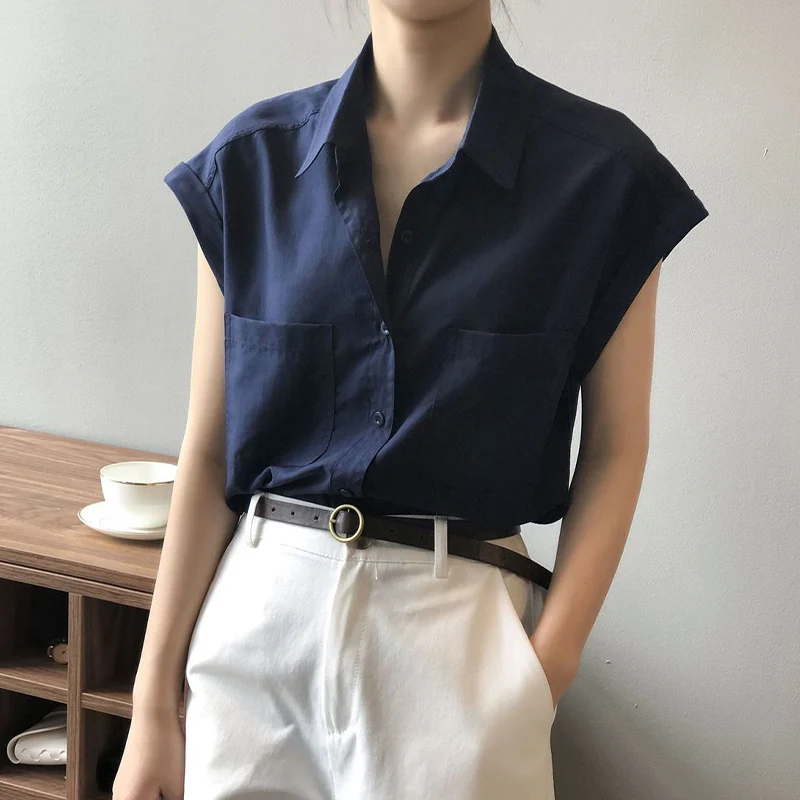 Retro Elegant Hong Kong Style Solid Color Short Sleeved Shirt Summer New Style Single Breasted Loose Youthful Wind Women\'s Top