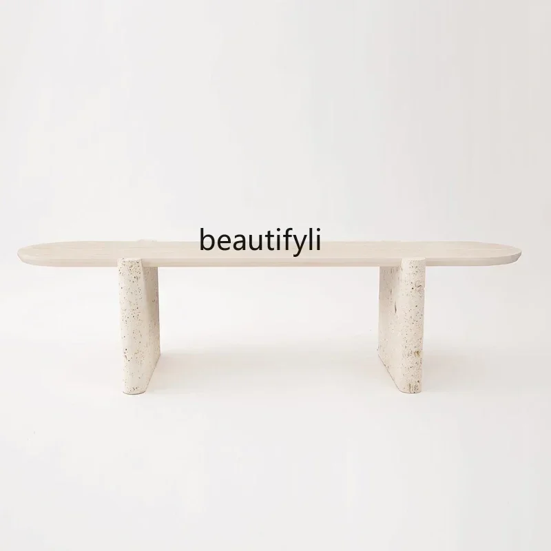 

02 Nordic designer natural travertine coffee table, simple solid wood model room living room creativity, low table