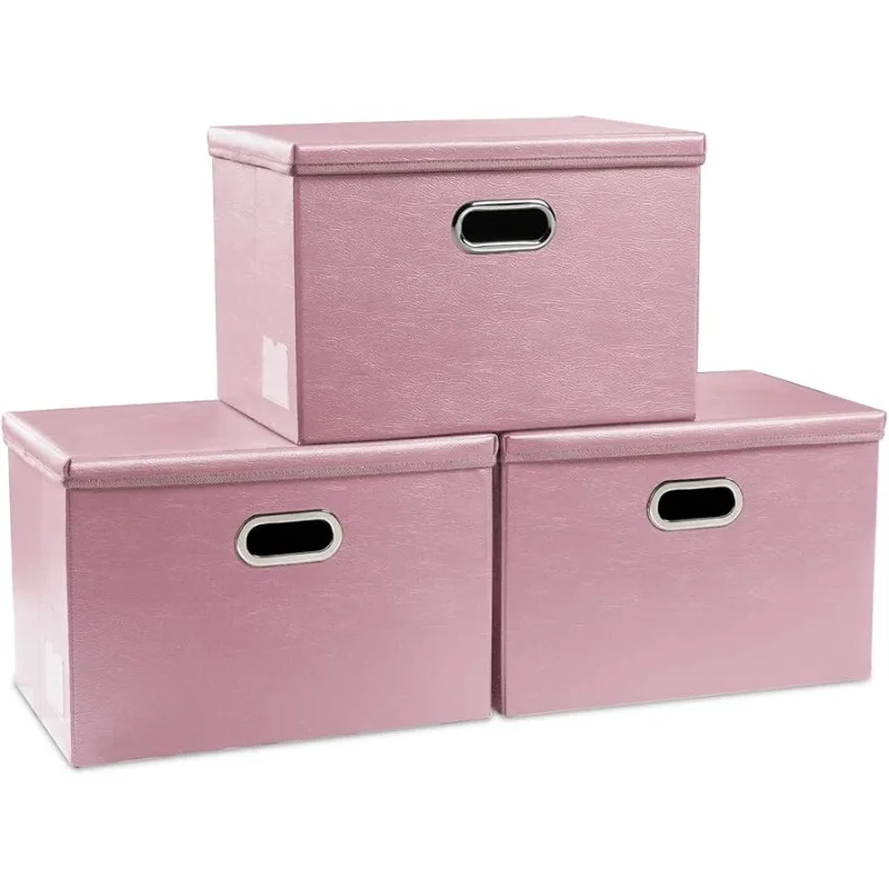 

Large Stackable Storage Bins with Lids [3-Pack] Leather Fabric Foldable Storage Boxes Organizer Containers Baskets Cube with Cov