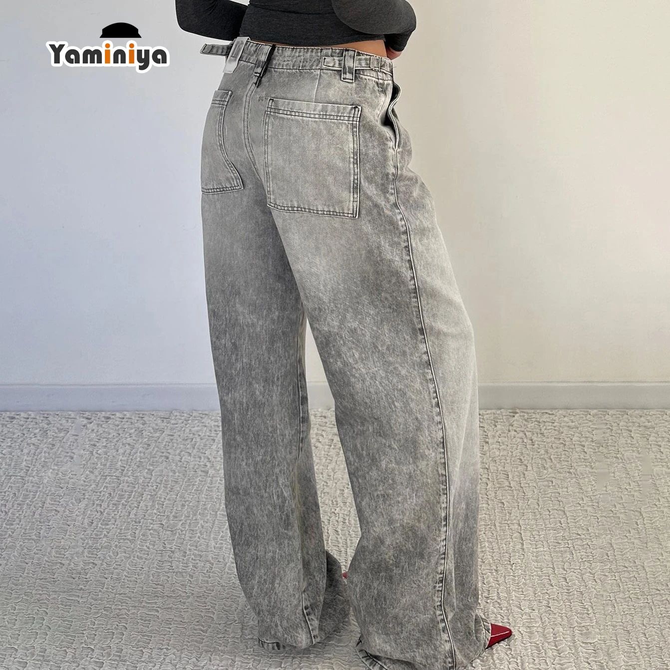 Yaminiya Distressed Vintage Grey Low Waist Y2K Baggy Jeans Women Wide Leg Adjusted Waisted Mom Straight Long Denim Jeans Street