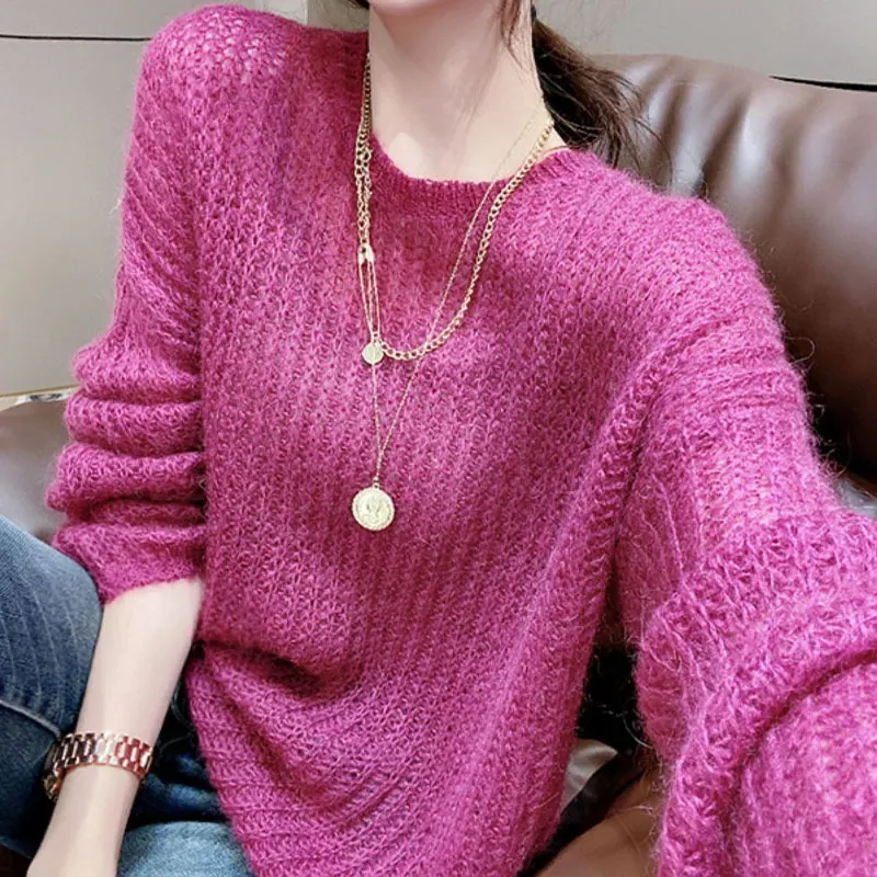 

Casual O-Neck Knitted Jumpers Women's Clothing Stylish Hollow Out All-match Autumn Winter Vintage Solid Color Loose Sweaters New