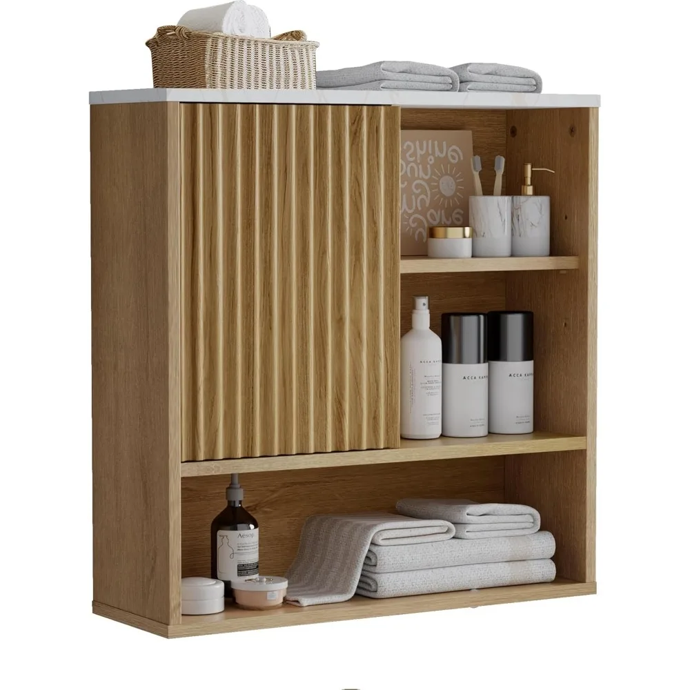 

Bathroom Wall Cabinet Fluted Door, Modern Medicine Cabinet Above Toilet Faux Marble Top with Adjustable Shelf, Wood Wall Mounted