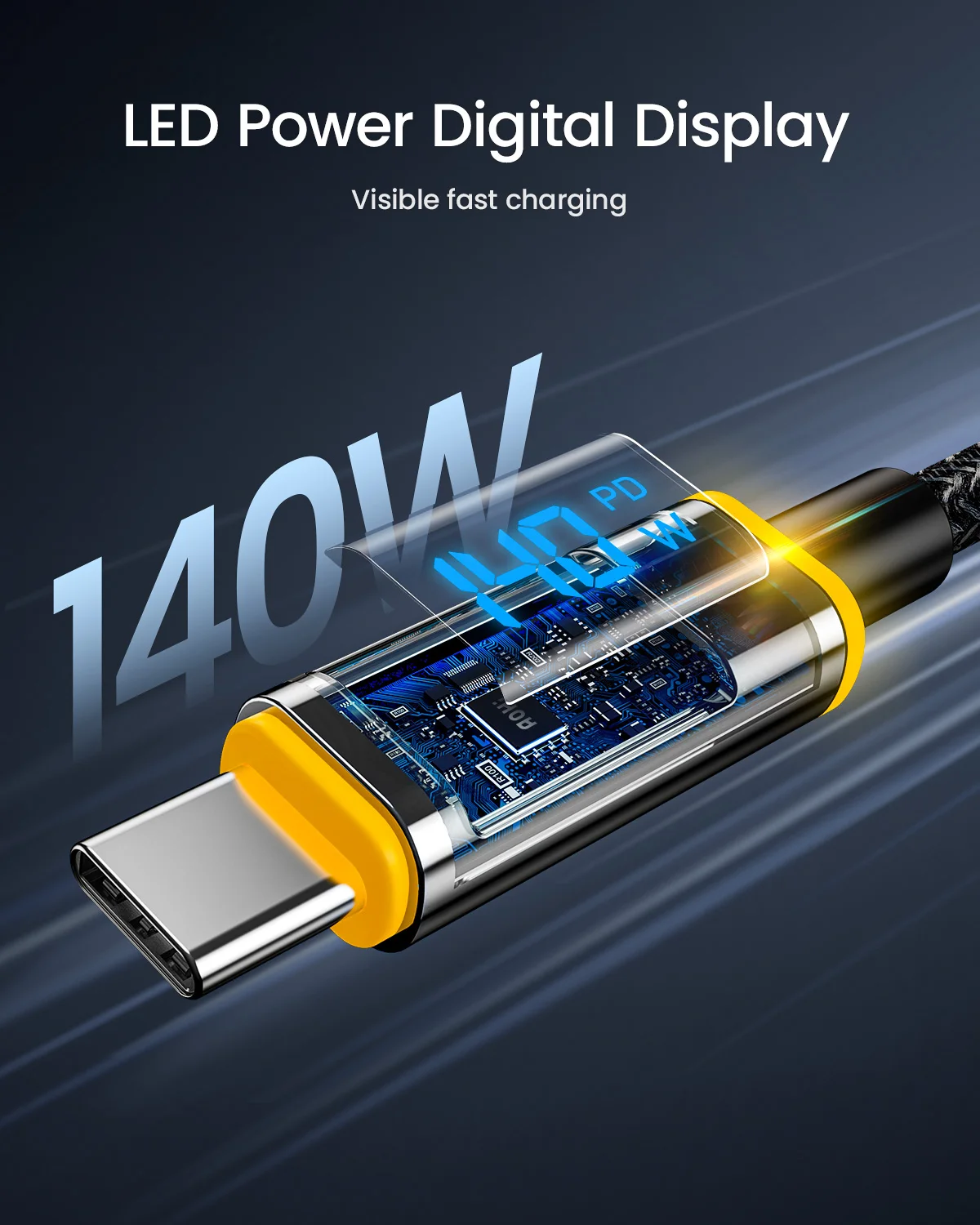 AOHI Magline+140W Nylon USB C to USB C LED Digital Display Cable 4ft