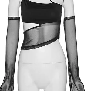 Asimetrik Cut-Out Örgü Kırpma Üst ile kap Kollu, Giysi, ve Dünya Grunge, Kazak, Şeffaf, tank tops-tr En iyi 10 giyim ve şeffaflık satışı-no. 8