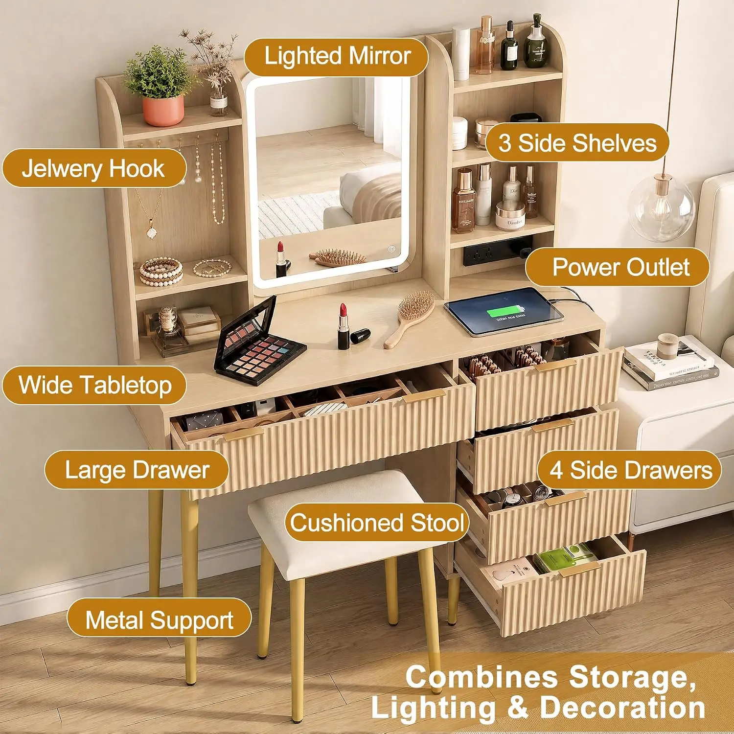 Oak Vanity Desk Set with Mirror & Lights, Power Strip, Stool, Customized