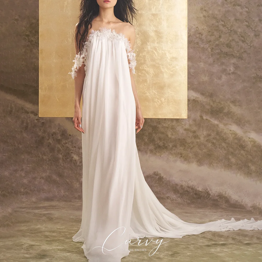 Curvy Minimalist Romantic Sheath Wedding Dress Off‑The‑Shoulder Hand‑Made 3D Floral Applique Chiffon Backless for Beach‑Wedding