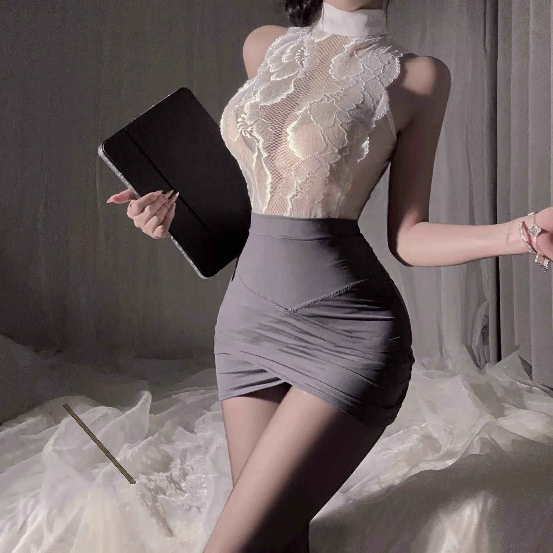 

Sexy Office Lady Uniform Set Cosplay Costumes Women Sexy Lingerie Stewardess Outfit Secretary Lace See Through Dress Plus Size