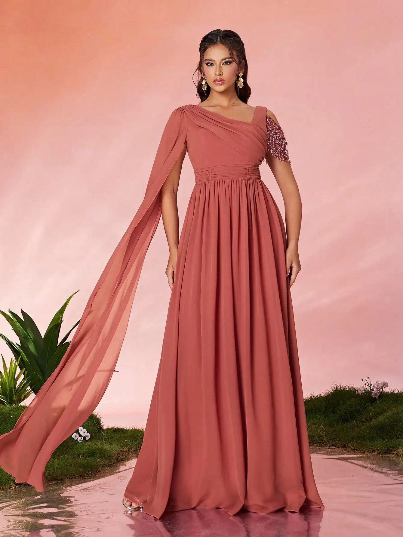 Mgiacy irregularly shaped asymmetric shoulder collar pearl chiffon one-shoulder flowing fabric beaded lace high-end evening gown