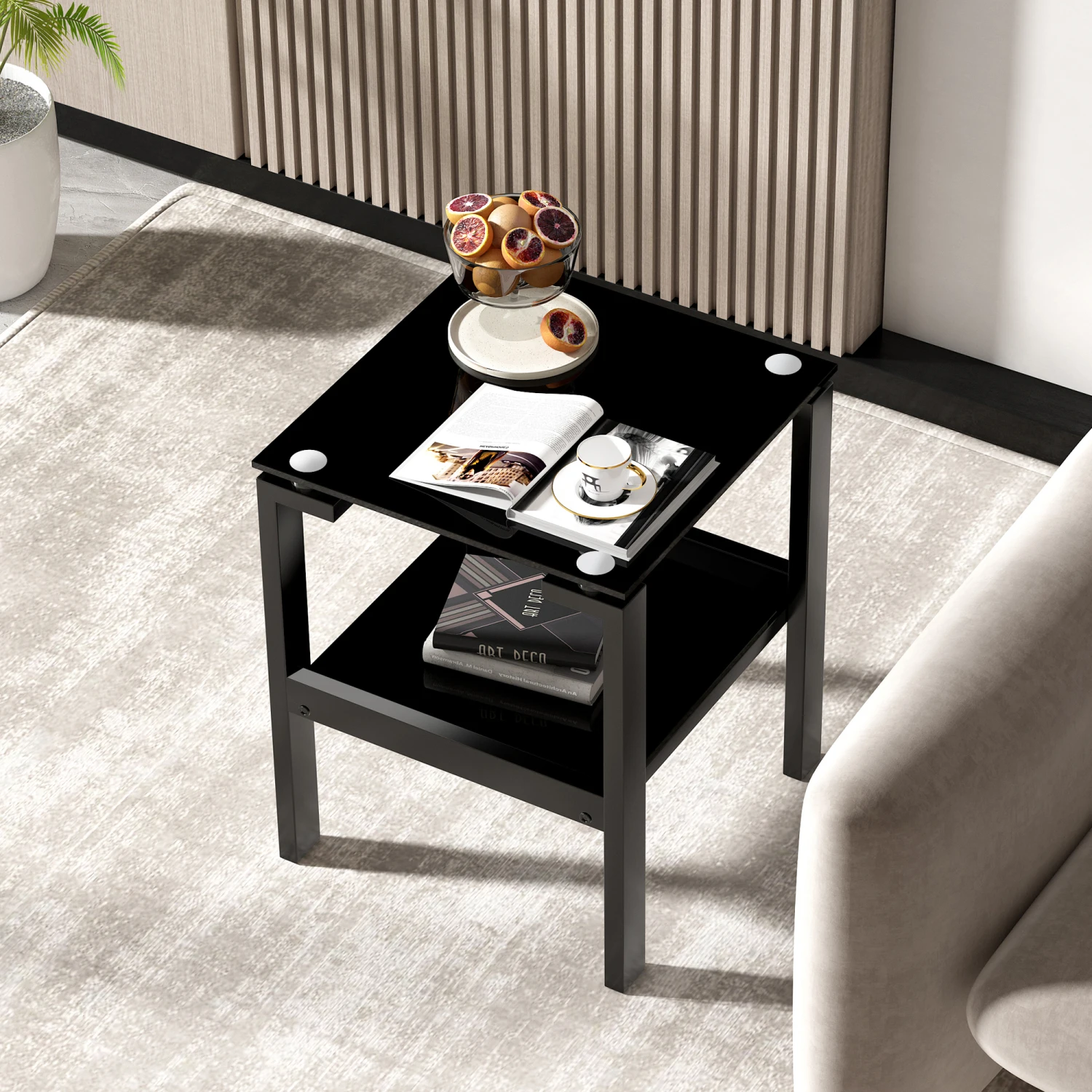 

Black Glass Clear Side&End Table, 2-Tier Space Corner Table