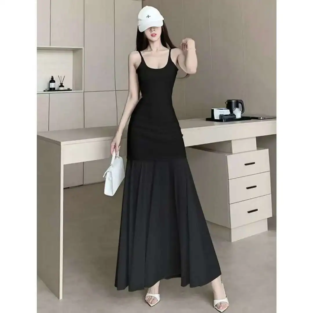 Abito lungo da donna in chiffon a rete elegante nero con cinturino per spaghetti in vita stretta vestibilità slim estate autunno vacanza abito femminile fluido
