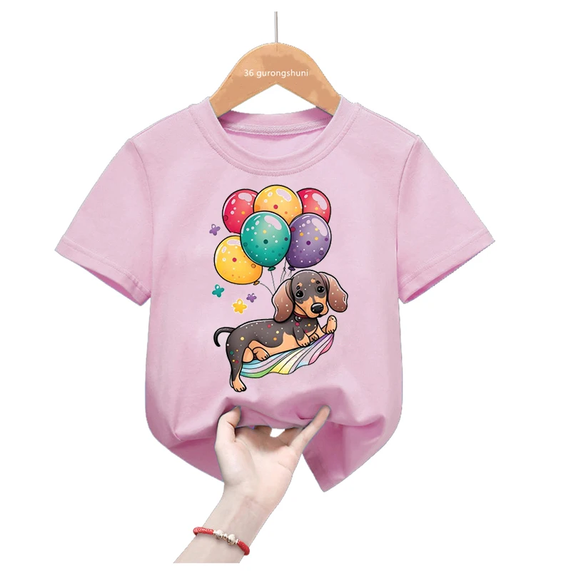 2024 Hot Sale Funny Pink T Shirt Girls Kawaii Dachshund Love Balloon Animal Tshirt Kids Clothes Summer Tops Tee Shirt