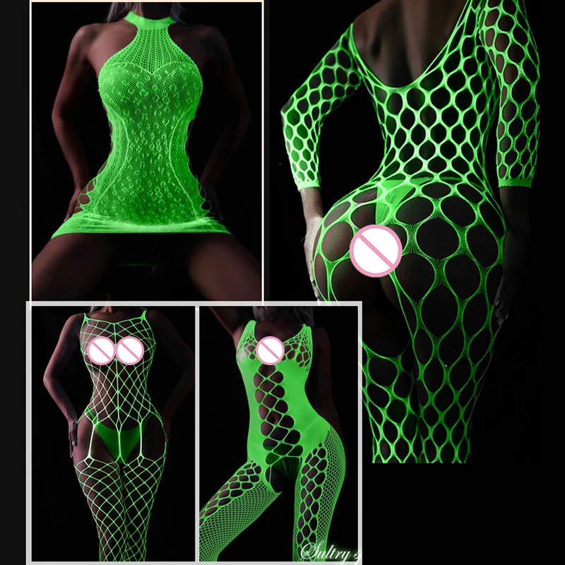 Luminous Sexy Bodysuit See Through Hollow Out Net Clothing Sexy Lingerie Mesh Sex Costumes For Mesh Dress Underwear Bondage